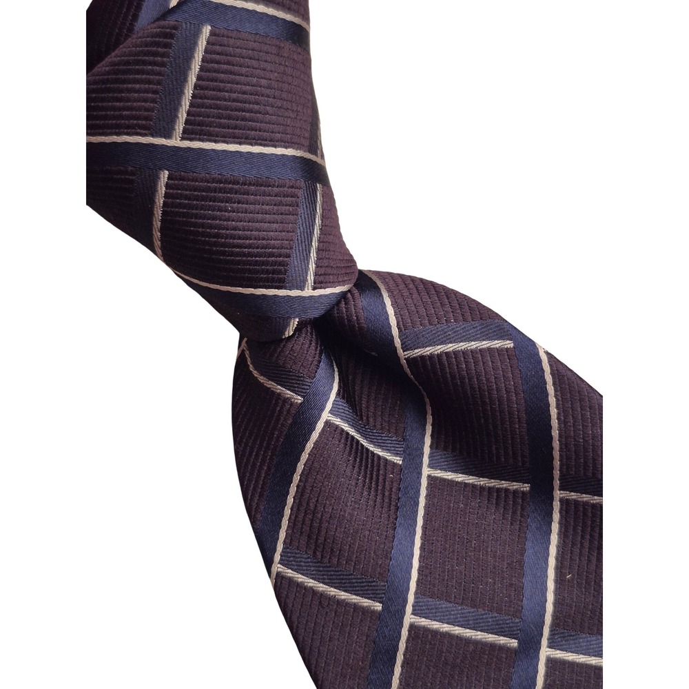 Sulka Mens Silk Tie Made in France Plum Navy Blue Geometric Grid Pattern Luxury